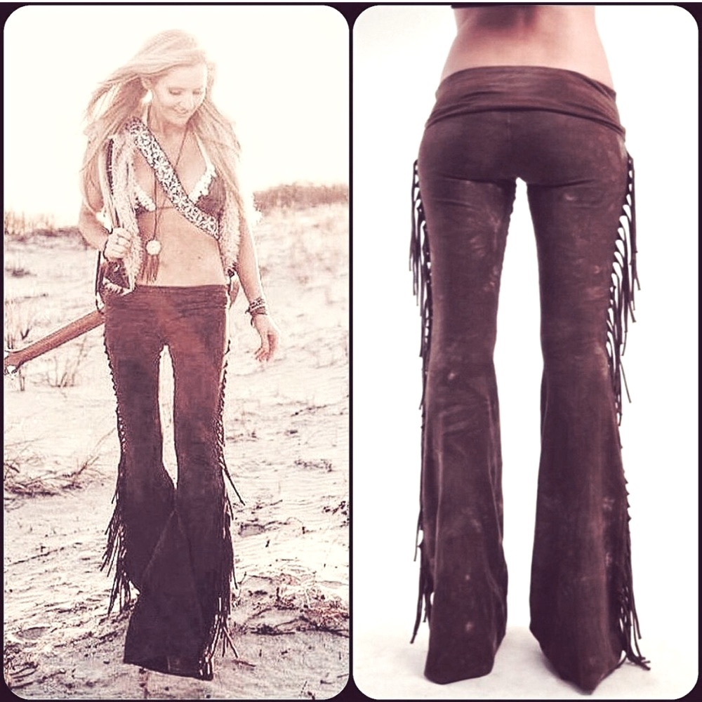 LONG LENGTH Hip Hugger Fringe Bell Bottoms in BROWN TIE DYE Boho Festival Rocker